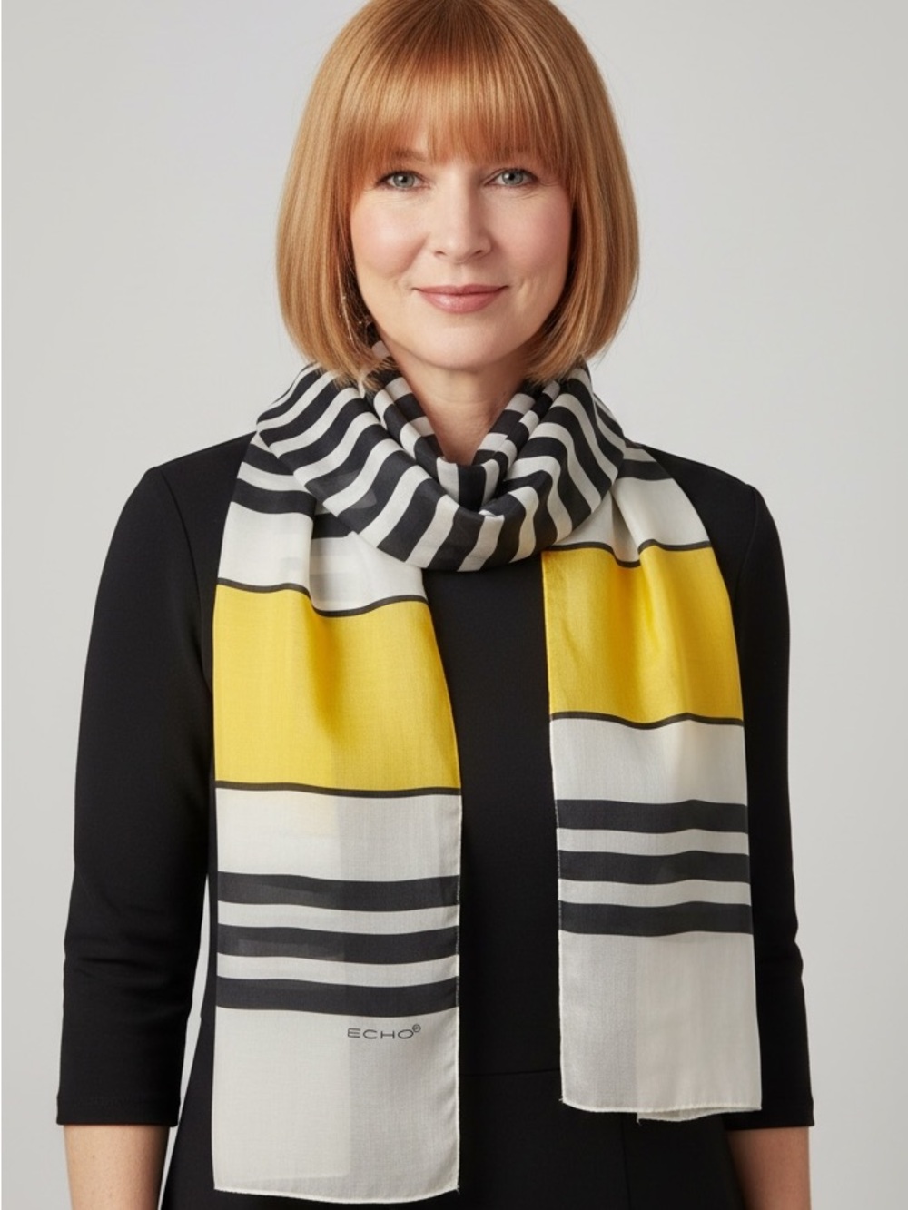 Vintage Echo Yellow, Black & White Striped Silk Scarf